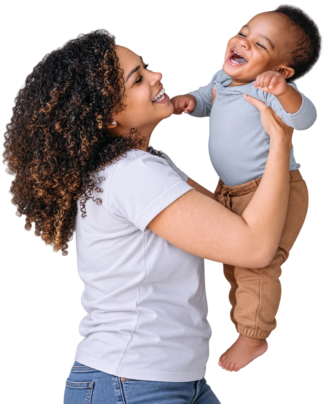 A mother holding her laughing baby